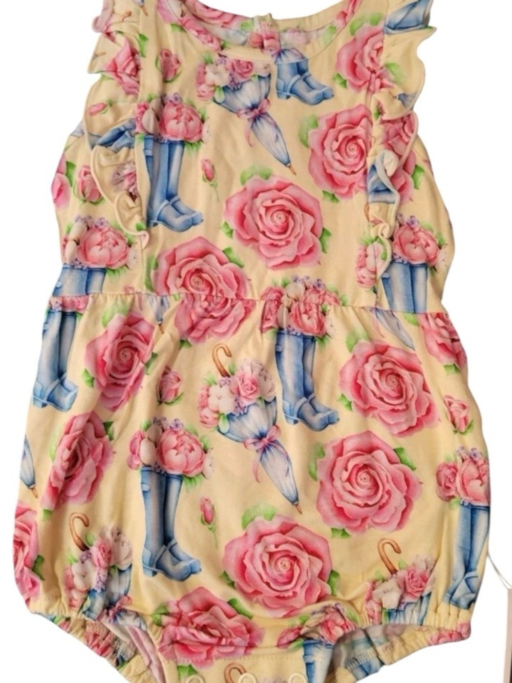 LEV Baby Talia Roses in a Rainboot Bamboo Ruffle Bubble Romper Sleeveless 12-18